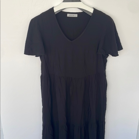 Airisa Women’s Black V-Neck Flutter Sleeve Tiered Cotton Midi Dress Sundress M/L - Picture 6 of 14